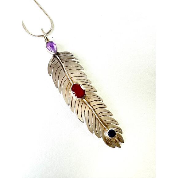 Feather Pendant Amethyst Imperial Garnet Blue Sapphire Sterling Silver - Picture 3 of 6